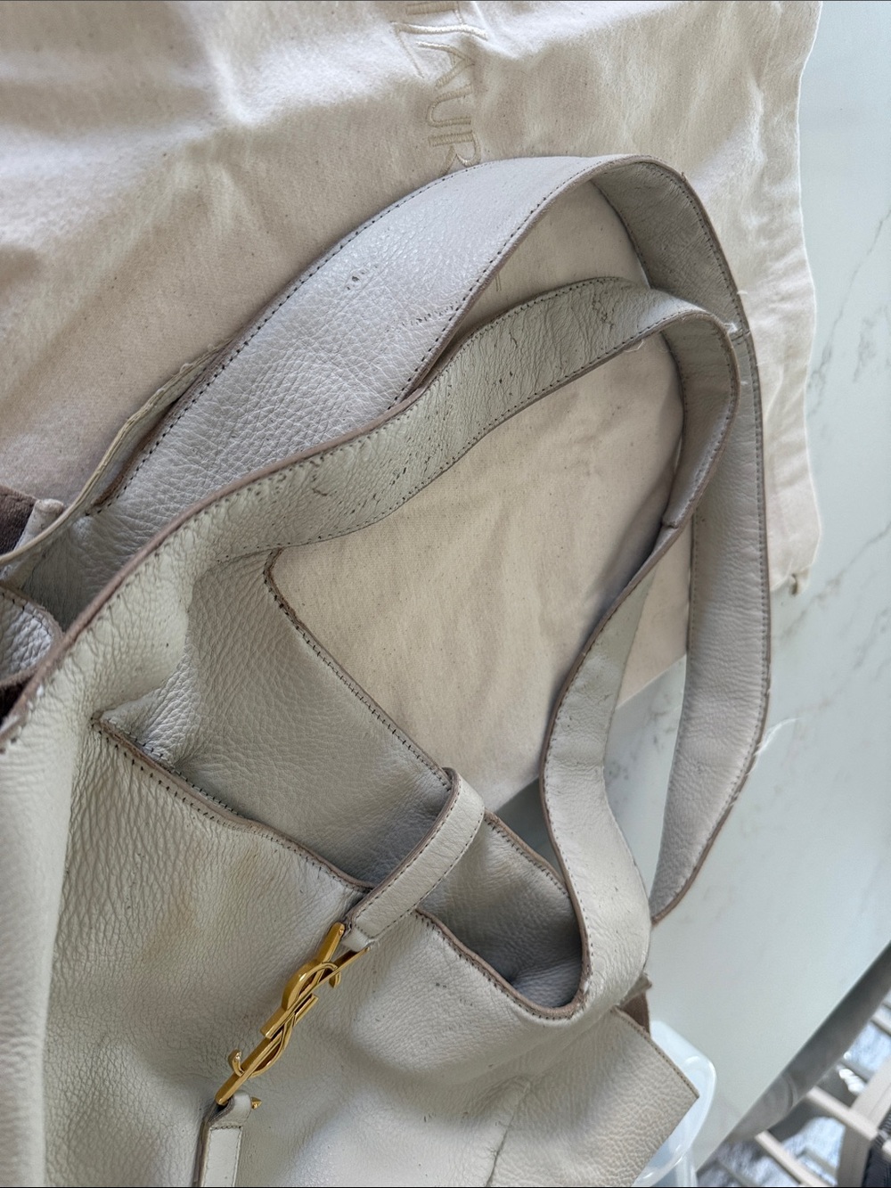 Yves Saint Laurent Off-White Leather Shoulder Bag with Gold YSL Accent